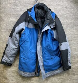 Outdoors Jacket Mens XL Blue Gray Hooded Insulated Ski Parka Removable Liner